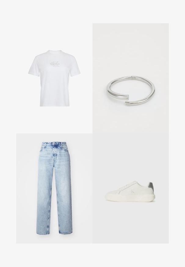 Weißes Baumwoll-T-Shirt mit kurzen Ärmeln, Rundhalsausschnitt und einem goldenen Calvin Klein-Logo auf der Vorderseite.; Hellblaue High-Waist-Jeans mit lockerer Passform, geradem Bein, fünf Taschen und klassischem Knopf- und Reißverschluss.; Weißer Sneaker aus Leder mit glatter Textur, ausgestattet mit einem silbernen Akzent an der Ferse, flacher Sohle und minimalistischem Design.; Calvin Klein SPIRAL - Armband - silver-coloured