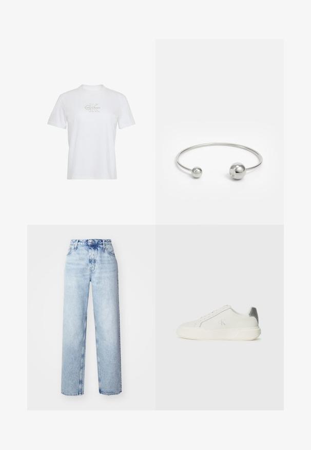 Witte katoenen t-shirt met korte mouwen, een ronde hals en een goudkleurig gedrukt Calvin Klein-logo aan de voorkant.; Lichtblauwe high-waisted jeans met een losse pasvorm, met rechte pijpen, vijf zakken en een klassieke knoop- en ritssluiting.; Witte sneaker van leer met een gladde textuur, featuring een zilveren accent op de hiel, een platte zool en een minimalistisch ontwerp.; Zilveren metalen bangle armband met twee bolvormige accenten aan beide uiteinden, een gladde oppervlakte, open ontwerp en een strak, minimalistisch model.