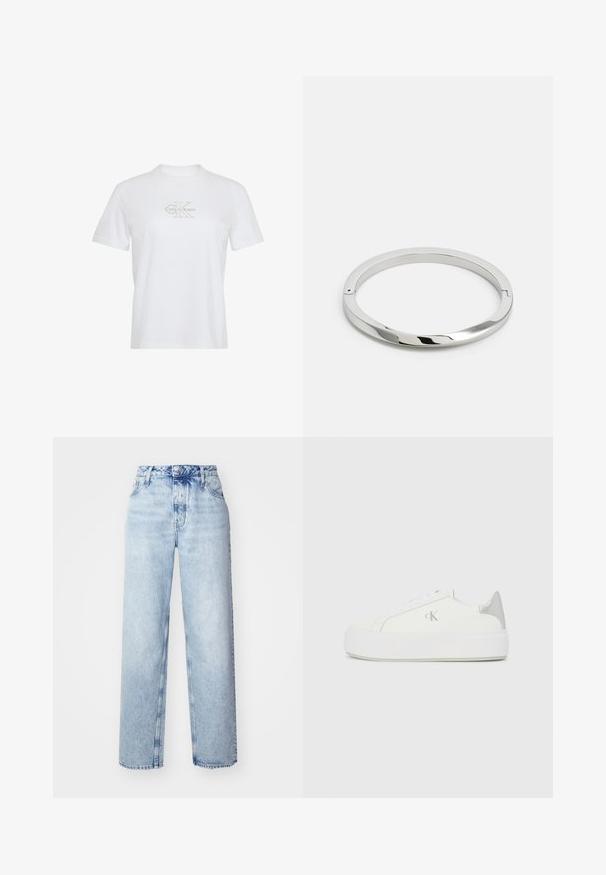 Wit T-shirt met korte mouwen, ronde hals en lichtbeige Calvin Klein-logo gecentreerd op de borst.; Lichtblauwe high-waisted jeans met een losse pasvorm, met rechte pijpen, vijf zakken en een klassieke knoop- en ritssluiting.; Witte canvas sneakers met een dikke witte zool, voorzien van een metallic zilveren accent op de hiel en een subtiel logo detail aan de zijkant.; Zilveren metalen armband met een gladde, glanzende oppervlakte en platte randen. Heeft een open cirkelontwerp met een subtiele sluiting.