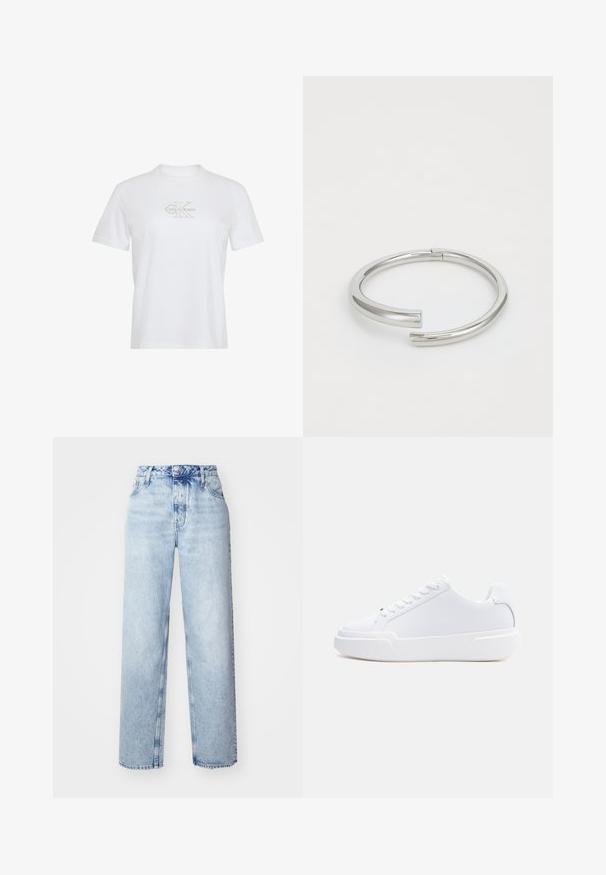 Camiseta blanca de algodón con mangas cortas, cuello redondo y un logo de Calvin Klein en dorado impreso en el frente.; Jeans de tiro alto color azul claro con un corte holgado, que cuentan con piernas rectas, cinco bolsillos y un cierre clásico de botones y cremallera.; Zapatilla blanca de corte bajo con cierre de cordones, suela gruesa y parte superior lisa, mostrada desde el lado exterior sobre un fondo claro y sencillo.; Calvin Klein SPIRAL - Pulsera - silver-coloured