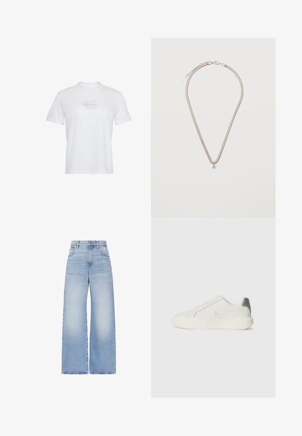 Hvid t-shirt med korte ærmer, rund hals og let beige Calvin Klein-logo centreret på brystet.; Lyseblå højtaljede jeans med vidde i benene, lukkes foran med knapper og lynlås, for- og baglommer samt en let slidt detalje på højre lomme.; Hvide sneakers lavet af læder med en glat tekstur, forsynet med en sølvaccent på hælen, flad sål og minimalistisk design.; Tynd sølvkæde med et lille rundt sølvvedhæng, sikret med en karabinhage på en ensartet hvid baggrund.