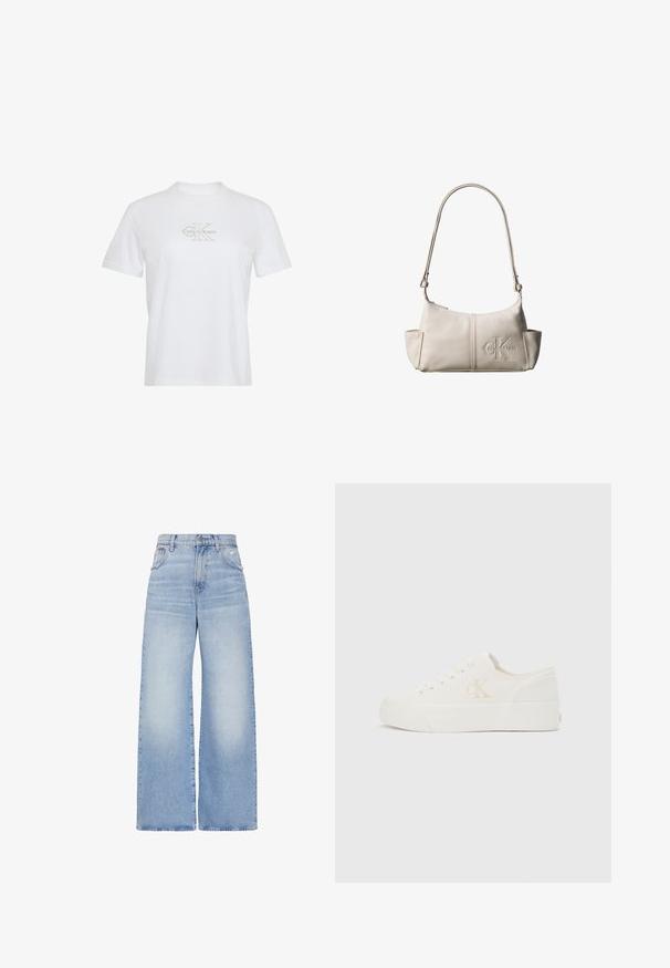Wit T-shirt met korte mouwen, ronde hals en lichtbeige Calvin Klein-logo gecentreerd op de borst.; Lichtblauwe high waist jeans met wijde pijpen, voorzien van een knoop- en ritssluiting aan de voorkant, zakken aan de voor- en achterkant, en een lichte distressed uitvoering op de rechterzak.; Witte lage sneaker met dikke zool en zijkant "cK" logo, veters aan de voorkant en minimalistisch ontwerp op een neutrale achtergrond.; Kleine beige leren schoudertas met verstelbare riem en geperst Calvin Klein-logo aan de voorkant in het midden.