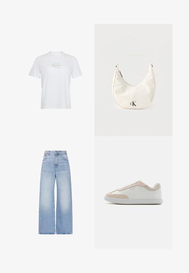 Hvid t-shirt med korte ærmer, rund hals og let beige Calvin Klein-logo centreret på brystet.; Lyseblå højtaljede jeans med vidde i benene, lukkes foran med knapper og lynlås, for- og baglommer samt en let slidt detalje på højre lomme.; Hvide lædersneakers med beige ruskindsdetaljer og hvide snøringer. Har en rund tå og en polstret sål for komfort.; Lille hvid halvmåneformet håndtaske med kort rem, lynlås og sort "cK"-logo foran.