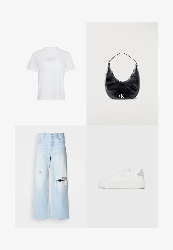 Wit T-shirt met korte mouwen, ronde hals en lichtbeige Calvin Klein-logo gecentreerd op de borst.; Lichtblauwe wijde jeans van denim, met een hoge taille, grote scheuren bij de knieën en een klassieke vijf-pocket stijl met koperen details.; Witte canvas sneakers met een dikke witte zool, voorzien van een metallic zilveren accent op de hiel en een subtiel logo detail aan de zijkant.; Zwarte leren handtas in halvemaanvorm met korte riem en zilveren "cK" logo aan de voorkant, ritssluiting aan de bovenkant.