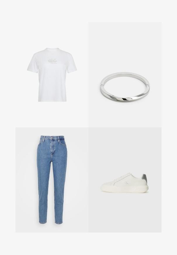 Weißes Baumwoll-T-Shirt mit kurzen Ärmeln, Rundhalsausschnitt und einem goldenen Calvin Klein-Logo auf der Vorderseite.; Blaue hochtaillierte gerade Jeans mit verdecktem Knopf und Reißverschluss, Gürtelschlaufen und Taschen, vor einem schlichten weißen Hintergrund präsentiert.; Weißer Sneaker aus Leder mit glatter Textur, ausgestattet mit einem silbernen Akzent an der Ferse, flacher Sohle und minimalistischem Design.; Silbernes Metallarmband mit einer glatten, glänzenden Oberfläche und flachen Kanten. Verfügt über ein offenes, kreisförmiges Design mit einem subtilen Verschlussdetail.
