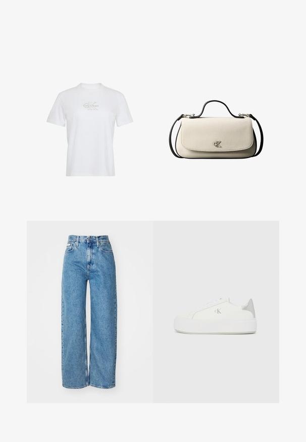 Camiseta blanca de manga corta con cuello redondo y logotipo Calvin Klein en beige claro centrado en el pecho.; Jeans de mezclilla de pernera ancha en azul claro con cintura alta, dobladillo deshilachado y diseño de cinco bolsillos. La textura desgastada añade profundidad a la tela.; Zapatillas de lona blancas con una suela blanca gruesa, presentan un acento metálico plateado en el talón y un sutil detalle del logo en el lateral.; Bolso rectangular de color crema con correa y asa negras, cierre frontal con solapa y pequeño logo plateado "cK" en el centro del frente.