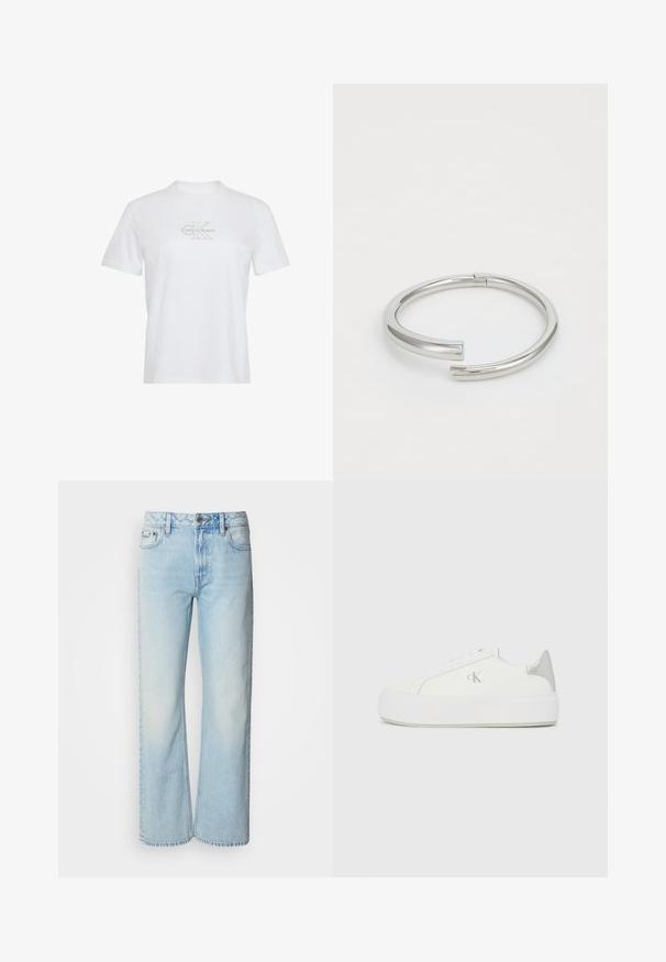 Hvid t-shirt med korte ærmer, rund hals og let beige Calvin Klein-logo centreret på brystet.; Lyseblå brede jeans lavet af denim med et klassisk fem-lomme design og en subtil falmet tekstur. Denim-syninger er synlige.; Hvide lærredssneakers med en tyk hvid sål, prydet med en metallic sølvaccent på hælen og en diskret logo-detalje på siden.; Calvin Klein SPIRAL - Armbånd - silver-coloured
