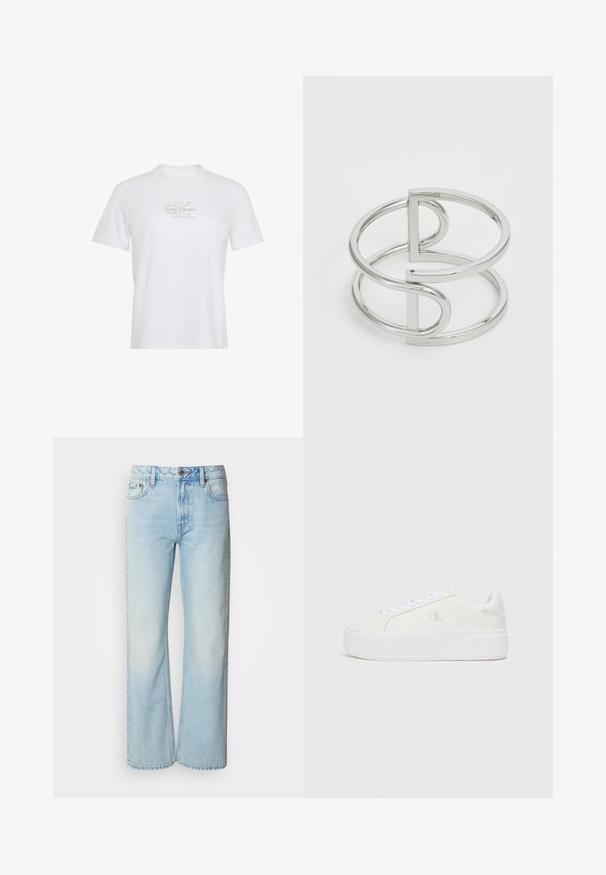 Witte katoenen t-shirt met korte mouwen, een ronde hals en een goudkleurig gedrukt Calvin Klein-logo aan de voorkant.; Lichtblauwe wijde jeans van denim, voorzien van een klassiek vijf-pocket ontwerp en een subtiele vervaagde textuur. Denimstiksels zijn zichtbaar.; Witte platform sneakers met een gladleren bovenkant, ronde neus, witte veters en subtiele logodetail aan de zijkant. Platte rubberen zool.; Zilveren metalen armband met een dubbel-lusontwerp, voorzien van een gladde, glanzende afwerking en een minimalistisch geometrisch accent.
