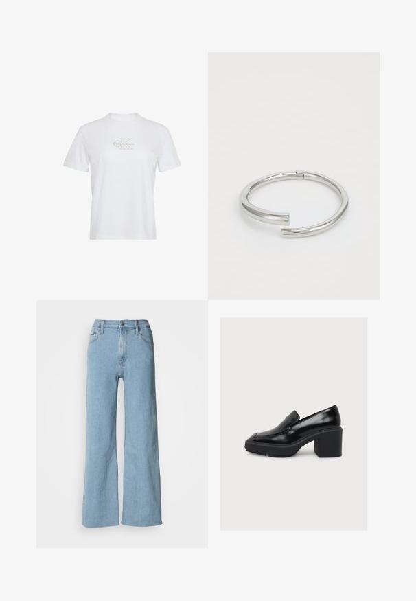 Wit T-shirt met korte mouwen, ronde hals en lichtbeige Calvin Klein-logo gecentreerd op de borst.; Lichtblauwe wijde jeans van denim, met een aansluitende taille, vijf-pocket ontwerp en subtiele stiksels.; Zwarte leren loafer met een grove hoge hak en plateauzool, in profiel weergegeven op een effen witte achtergrond.; Calvin Klein SPIRAL - Armband - silver-coloured