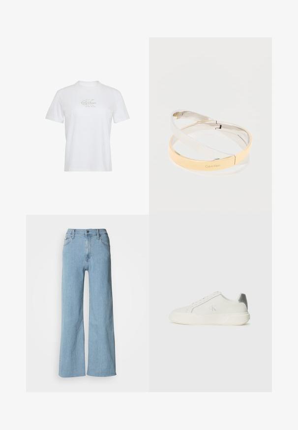 Hvid t-shirt med korte ærmer, rund hals og let beige Calvin Klein-logo centreret på brystet.; Lyseblå vidde jeans lavet af denim, med en tætsiddende talje, fem-lomme design og subtile syningsdetaljer.; Hvide sneakers lavet af læder med en glat tekstur, forsynet med en sølvaccent på hælen, flad sål og minimalistisk design.; Sammenflettede polerede metalarmbånd i sølv- og guldfarver, et med indgraveringen "Calvin Klein" logo, på en hvid baggrund.