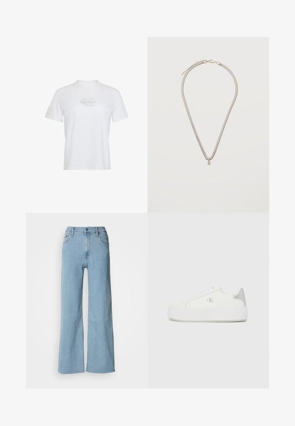 Camiseta blanca de algodón con mangas cortas, cuello redondo y un logo de Calvin Klein en dorado impreso en el frente.; Vaqueros de pierna ancha en azul claro, fabricados en denim, con una cintura ajustada, diseño de cinco bolsillos y sutiles detalles de costura.; Zapatillas de lona blancas con una suela blanca gruesa, presentan un acento metálico plateado en el talón y un sutil detalle del logo en el lateral.; Collar de cadena delgada de plata con un pequeño colgante redondo de plata, asegurado con un cierre de langosta sobre un fondo blanco liso.