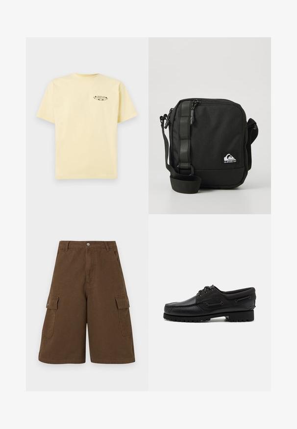 Geel katoenen t-shirt met korte mouwen en een ronde halslijn, met een bedrukt grafisch logo op de linkerborst.; Bruine cargoshorts met een rechte snit, twee zijzakken en een sluiting met knoop aan de voorkant. Gemaakt van duurzaam katoen met een matte afwerking.; Zwarte schoen met een leren bovenzijde, textiele accenten, ronde veters en een getextureerde rubberen zool. Voorzien van mocassin-stiksel en merkdetails.; Compact zwarte crossbody tas met een verstelbare schouderband, een voorkant met ritssluiting en een klein wit Quiksilver logo label.