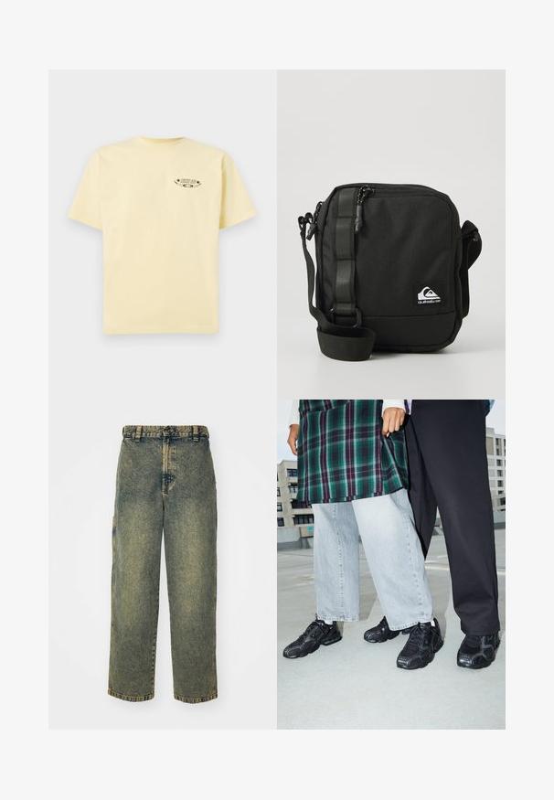 Camiseta de algodón amarilla con mangas cortas y cuello redondo, que presenta un logo gráfico impreso en la parte izquierda del pecho.; Jeans de denim holgados en un lavado azul y verde descolorido. Presenta un cierre de botón, pasadores para el cinturón y bolsillos laterales. Diseño de frente plano y pierna recta.; Zapatillas deportivas negras con acentos de malla y goma. Combinadas con jeans de pierna ancha de color gris claro y una blusa de cuadros verdes. Fondo de superficie plana.; Bolso bandolera negro compacto con correa ajustable, bolsillo delantero con cremallera y un pequeño parche con el logo blanco de Quiksilver.
