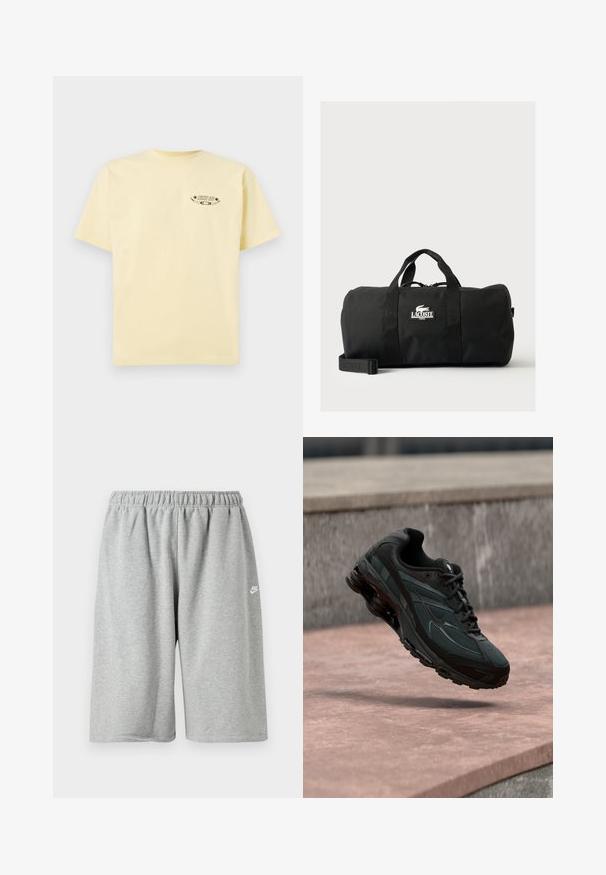 Geel katoenen t-shirt met korte mouwen en een ronde halslijn, met een bedrukt grafisch logo op de linkerborst.; Grijze katoenen shorts met een elastische tailleband, voorzien van een losse pasvorm en een klein wit logo vlakbij de zoom. Gladde textuur, boven-knielengte.; Zwarte atletische sneaker met zichtbare luchtgeveerde tussenzool die boven een roze stenen oppervlak zweeft met een grijze stenen muur op de achtergrond.; Zwarte Lacoste duffletas met dubbele handvatten, schouderriem en een wit logo patch aan de voorkant, tegen een effen lichte achtergrond.