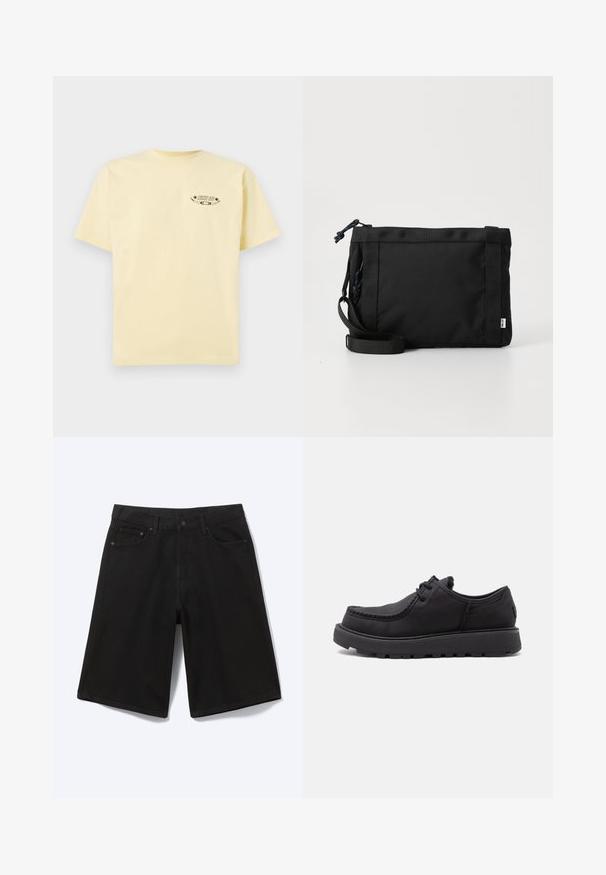 Camiseta de algodón amarilla con mangas cortas y cuello redondo, que presenta un logo gráfico impreso en la parte izquierda del pecho.; Pantalones cortos vaqueros negros hasta la rodilla con botón frontal, trabillas para cinturón y cinco bolsillos, mostrados sobre un fondo blanco.; Zapato negro de piel con cordones, suela gruesa de goma y detalle cosido en la punta, mostrado de lado sobre un fondo blanco.; Bolsa de hombro de tela negra con exterior texturizado, correa ajustable y cierre de cordón. Presenta costuras llamativas y una etiqueta lateral.