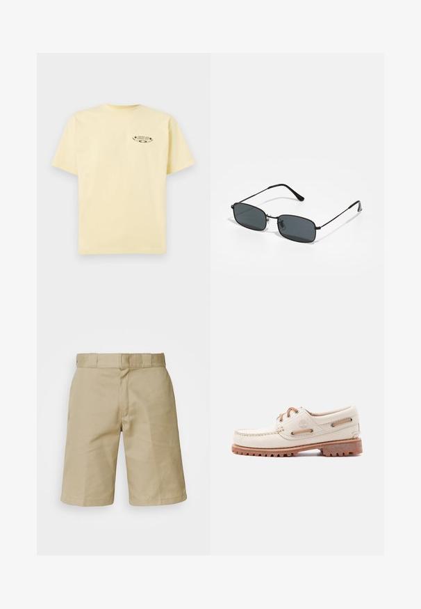 Camiseta de algodón amarilla con mangas cortas y cuello redondo, que presenta un logo gráfico impreso en la parte izquierda del pecho.; Bermudas caqui con un diseño de frente plano, cinturilla cosida con trabillas para el cinturón y dos bolsillos laterales. Fabricadas con un tejido ligero.; Zapato náutico de cuero beige con cordones marrones, puntera cosida, logotipo de Timberland en el lateral y suela de goma texturizada para mayor agarre.; Gafas de sol con marco negro de metal, lentes oscuros rectangulares, varillas delgadas y almohadillas nasales ajustables. Diseño ligero con hardware mínimo.