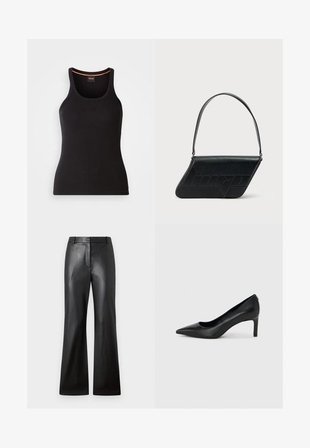 Débardeur noir côtelé avec un col rond. Présente une coupe ajustée et un accent orange au niveau du col. Logo de la marque discrètement brodé à l'avant.; Pantalons en cuir noir avec une texture lisse, design à jambes larges et une taille mi-haute dotée de passants de ceinture et de poches avant.; Escarpin à bout pointu en cuir noir avec un talon fin de hauteur moyenne sur un fond gris clair uni.; Sac d'épaule en cuir noir de forme triangulaire, avec un logo embossé et une seule bandoulière réglable. Design minimaliste avec une texture lisse.