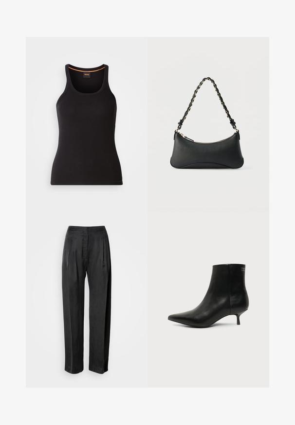 Débardeur noir côtelé avec un col rond. Présente une coupe ajustée et un accent orange au niveau du col. Logo de la marque discrètement brodé à l'avant.; Pantalon noir à jambes larges en tissu lisse, avec plis sur le devant, braguette zippée et ceinture classique.; Bottine en cuir noir avec bout pointu et petit talon kitten sur fond clair, vue côté extérieur.; Sac à bandoulière en cuir noir de forme rectangulaire incurvée, avec une chaîne dorée tissée dans la bandoulière noire tressée et une fermeture éclair sur le dessus.