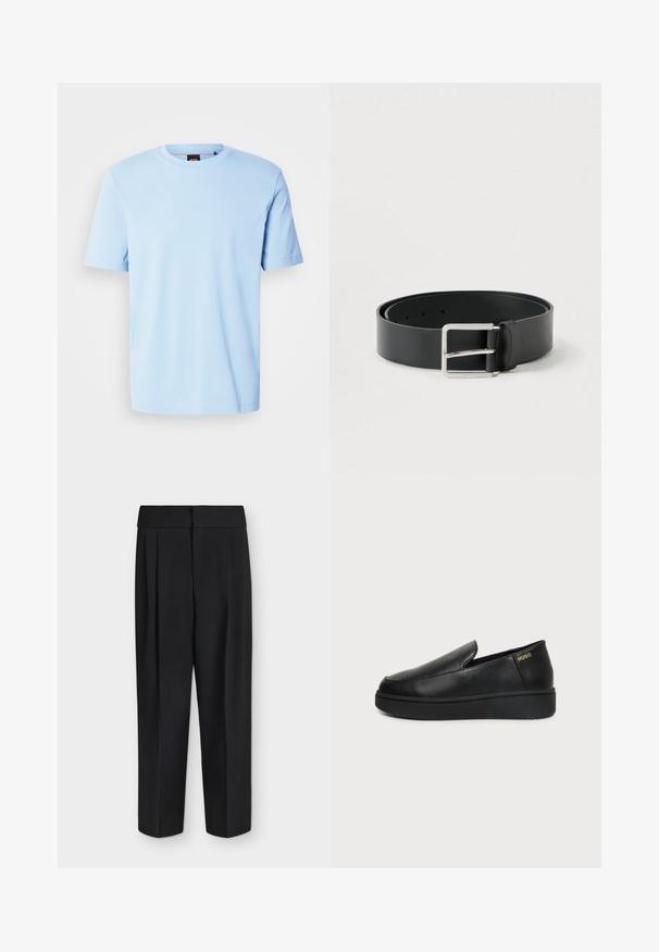 T-shirt bleu clair à manches courtes et col rond avec un logo discret embossé centré sur la poitrine et une étiquette noire à l'intérieur du col.; Pantalon noir taille haute à jambes droites avec plis devant et large ceinture, présenté à plat sur fond blanc.; Chaussure noire en cuir à enfiler avec semelle épaisse et petits trous de ventilation latéraux, avec un logo doré "HUGO" près du talon.; Ceinture en cuir noir à finition lisse, avec une boucle rectangulaire en métal argenté et plusieurs trous de réglage.