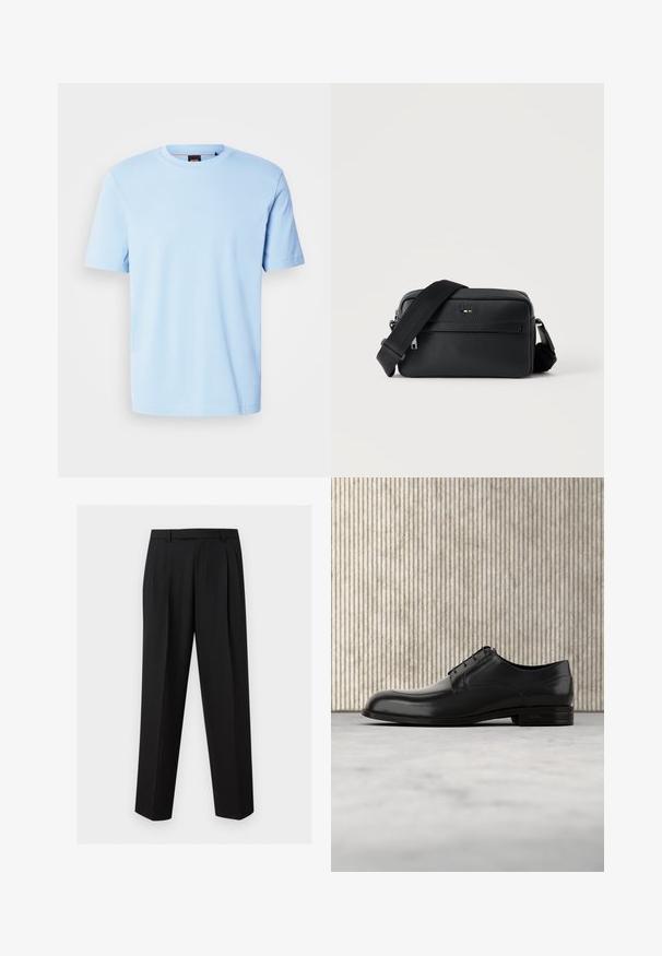 T-shirt bleu clair à manches courtes et col rond avec un logo discret embossé centré sur la poitrine et une étiquette noire à l'intérieur du col.; Pantalon noir sur mesure avec jambes droites, plis à la taille, passants de ceinture et poches latérales fendues, présenté sur un fond uni.; Chaussure de ville en cuir noir avec un bout arrondi, texture lisse, coutures minimales et une semelle plate avec un branding discret au niveau du talon.; Sac bandoulière en cuir noir texturé avec poche avant zippée et bandoulière large en tissu réglable sur fond blanc.