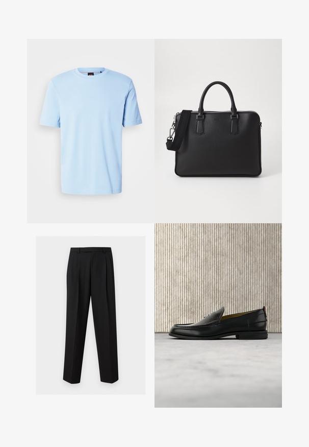 T-shirt bleu clair à manches courtes et col rond avec un logo discret embossé centré sur la poitrine et une étiquette noire à l'intérieur du col.; Pantalon noir sur mesure avec jambes droites, plis à la taille, passants de ceinture et poches latérales fendues, présenté sur un fond uni.; Mocassin pour homme en cuir noir avec un dessus embossé effet croco et un petit talon, présenté de profil sur un fond neutre.; Sac en cuir noir avec surface texturée, deux poignées et une bandoulière amovible. Il présente des fermetures éclair en argent et des éléments de design minimalistes.