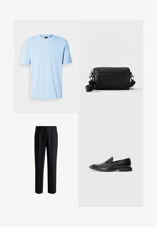 T-shirt bleu clair à manches courtes et col rond avec un logo discret embossé centré sur la poitrine et une étiquette noire à l'intérieur du col.; Pantalons noirs en tissu lisse, avec une coupe droite, des plis à l'avant et une fermeture à bouton avec passants de ceinture.; Mocassins en cuir noir avec une texture lisse, un nez pointu et un petit talon rectangulaire. Présente un détail de bande horizontale sur le dessus.; Sac bandoulière rectangulaire noir avec poche avant zippée, sangle réglable et logo "BOSS" embossé en haut au centre.
