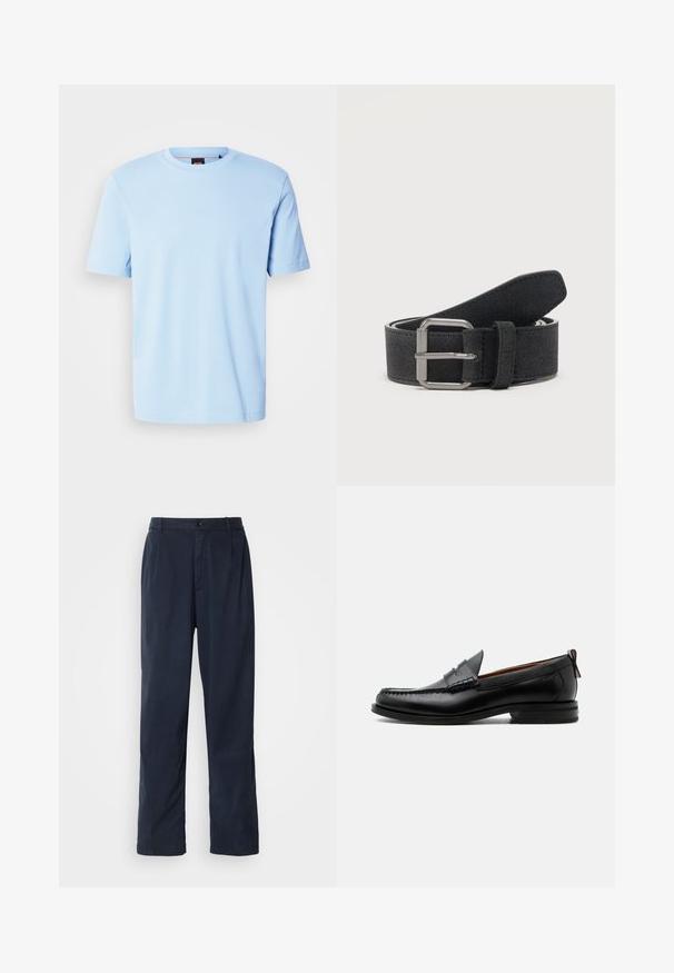 T-shirt bleu clair à manches courtes et col rond avec un logo discret embossé centré sur la poitrine et une étiquette noire à l'intérieur du col.; Pantalon bleu marine en mélange de coton. Présente une coupe droite, une fermeture à bouton sur le devant et de légères plis. Texture douce.; Mocassin homme en cuir noir avec couture moc toe, bride penny, col texturé et petit talon empilé sur fond blanc.; Ceinture en daim noir roulée avec une boucle rectangulaire en métal argenté et une passant de ceinture cousu sur fond uni.