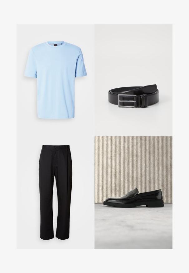 T-shirt bleu clair à manches courtes et col rond avec un logo discret embossé centré sur la poitrine et une étiquette noire à l'intérieur du col.; Pantalon noir à coupe droite, en tissu léger. Il dispose d'une fermeture à bouton sur le devant et de deux poches latérales ; texture lisse.; Mocassin en cuir noir poli flottant au-dessus d'un tapis beige avec un mobilier translucide orange en arrière-plan.; Ceinture en cuir noir au toucher lisse, dotée d'une boucle rectangulaire en argent et d'un double détail de broche. Design classique et polyvalent.