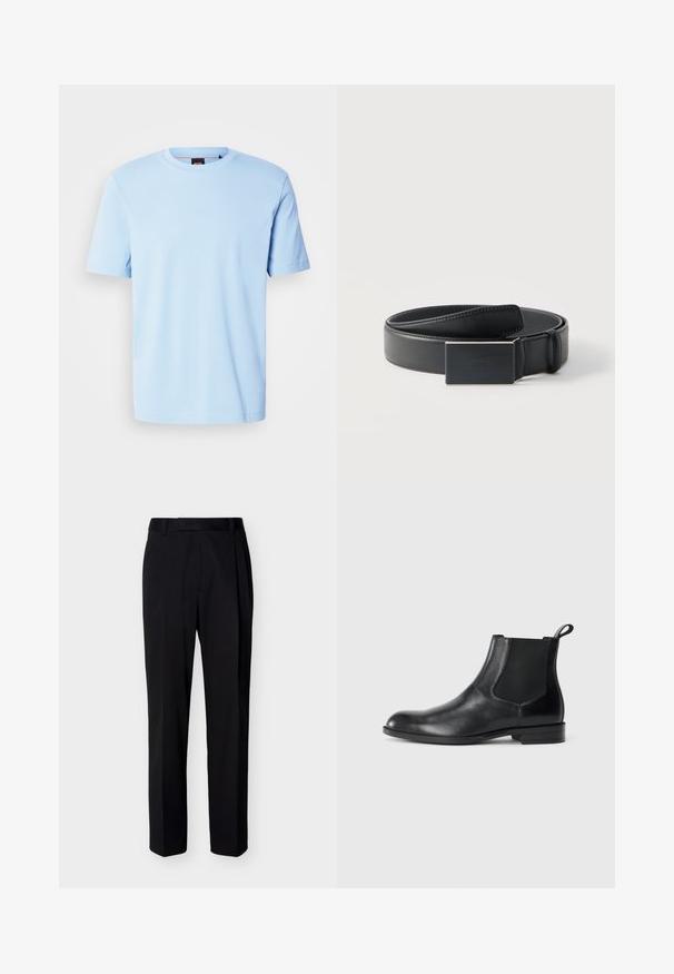 T-shirt bleu clair à manches courtes et col rond avec un logo discret embossé centré sur la poitrine et une étiquette noire à l'intérieur du col.; Pantalon noir droit sur mesure avec passants de ceinture et plis avant, présenté sur un fond clair uni.; Bottine en cuir noir avec des panneaux latéraux élastiques, bout rond et tirette. Texture lisse, semelle plate, design minimaliste.; Ceinture en cuir noir enroulée avec une boucle noire mate rectangulaire et un logo embossé discret sur fond blanc.