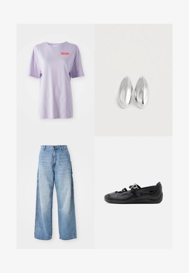 Lavender t-shirt met korte mouwen van katoen, met een ronde hals en een rood Columbia-logo op de voorkant. Zachte textuur, comfortabele pasvorm.; Lichtblauwe wijde jeans met een hoge taille, voorzien van zijzakken en een vervaagde textuur, vervaardigd uit denim materiaal.; Zwarte platte Mary Jane schoen met een gestructureerd patroon, twee verstelbare gespsluitingen en een laag profiel zool op een effen achtergrond.; Een paar gladde, glanzende zilveren ovale objecten die naast elkaar zijn geplaatst op een eenvoudige witte achtergrond.
