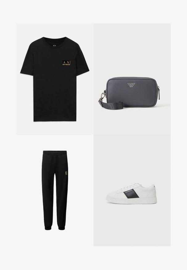 Camisa de algodón negra con cuello redondo. Presenta un pequeño parche de logo dorado en el lado izquierdo del pecho con el texto "AX Armani Exchange". Corte clásico.; Pantalones de chándal negros con cintura elástica, tobillos ajustados y un logo dorado en el muslo. Tejido suave y diseño ajustado.; Zapatilla de cuero blanca con una franja de acento negra, punta redonda, cierre de cordones, panel texturizado y suela de goma plana.; Bolso bandolera rectangular de color gris oscuro con superficie texturizada, emblema de logotipo plateado, cierre de cremallera y correa negra ajustable con broche metálico.