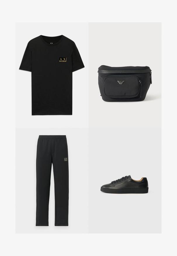 Čierne bavlnené tričko s okrúhlym výstrihom. Na ľavej hrudi je umiestnená malá zlatá nášivka s nápisom "AX Armani Exchange". Klasický strih.; Čierne teplákové nohavice s rovnými nohavicami, elastickým pásom a čiernym nášivkou loga na hornej ľavej stehne.; Čierne nízke kožené tenisky s textúrovaným povrchom, čiernymi šnúrkami a hrubou gumenou podrážkou, zobrazené z boku na svetlom pozadí.; Čierna ľadvinka s predným vreckom na zips a strieborným logom orla, hladká látka s textúrovaným lemom a ťaháčikmi zipsu.
