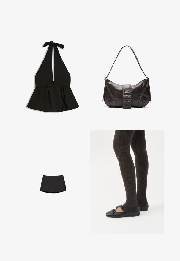 Top noir à col halter avec un décolleté plongeant en V, taille froncée et fermeture par nouage au niveau du cou, présenté sur un fond blanc.; Skort athlétique noir avec une taille ajustée et un ourlet court, conçu pour une tenue active avec un tissu lisse et extensible.; Jambes portant des leggings côtelés foncés associés à des ballerines noires avec de petits détails en nœud sur fond blanc.; Sac à épaule en cuir marron avec une forme courbée, présentant un détail de boucle proéminent, des coutures contrastantes et une seule bandoulière.