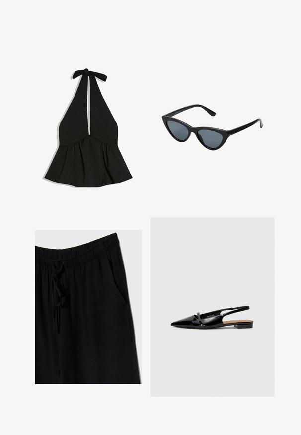 Top noir à col halter avec un décolleté plongeant en V, taille froncée et fermeture par nouage au niveau du cou, présenté sur un fond blanc.; Pantalons noirs avec une taille élastique et un cordon de serrage, offrant une coupe décontractée et des poches latérales. Le matériau semble doux et léger.; Chaussure slingback en cuir verni noir avec un bout pointu, un design minimaliste, un petit talon et un accent en boucle argentée sur la sangle.; Lunettes de soleil noires en forme d'œil de chat avec des verres gris foncé, monture en plastique élégante, coins pointus et branches droites. Pas de métal visible ni d'accents.