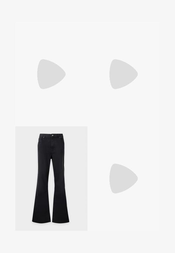 Langærmet top i let stof med en beige bundfarve og sort leopardprintmønster samt en bred, rund halsudskæring.; Sorte højtaljede jeans med knaplukning foran, lommer og brede, udflared ben, vist fladt på en ensfarvet lys baggrund.; Sorte slingback hæle med spidse tæer, lavet af blankt materiale, med udskæringsdetaljer og en moderat hæl for støtte.; Sorte cat-eye solbriller med mat finish, der har grå tonede linser, skarpe vinkler og slanke sidearme. Mærkenavnet er synligt på den indre arm.