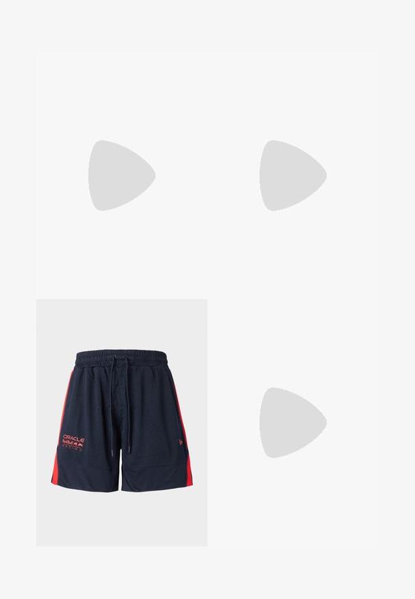 Camiseta sin mangas de malla azul claro con acentos laterales rojos. Presenta el logo de "Red Bull" y el texto "Oracle Red Bull Racing" impresos en la parte frontal.; Pantalones cortos de malla azul marino con paneles laterales rojos. Cuenta con una cinturilla elástica y cordón. Incluye bordado del logo en el muslo izquierdo.; Zapatillas blancas hechas de material sintético liso, con cordones planos, puntera perforada y suela de goma con un patrón de agarre texturizado.; Bolsa de tela negra con forma plana, que presenta texto blanco en negrita. El cierre de cremallera se encuentra en la parte superior, con un detalle de asa en un lado.