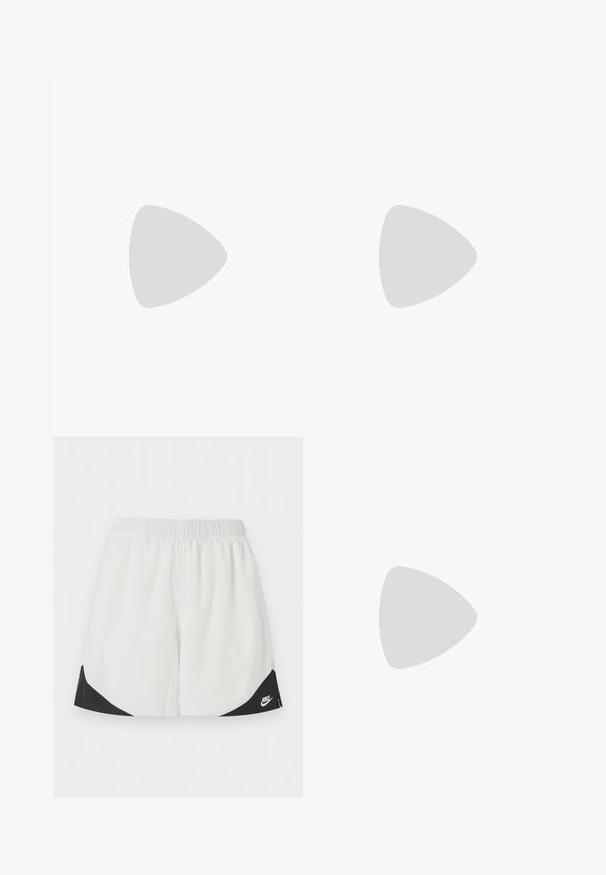 Camiseta Nike Tech de manga corta, con un cuerpo en azul marino oscuro y paneles laterales en teal claro, y un cuello alto. Logo impreso en la parte delantera.; Pantalones cortos deportivos blancos con cintura elástica y paneles triangulares negros cerca de las aberturas de las piernas, con un logo blanco de Nike en el lado derecho.; Zapatilla de running Nike gris y beige con cordones blancos y un gran logo blanco, colocada como si flotara sobre una superficie de hormigón.; Gafas de sol deportivas negras con lentes envolventes tintados con colores del arcoíris y montura ligera, diseñadas para actividades al aire libre.