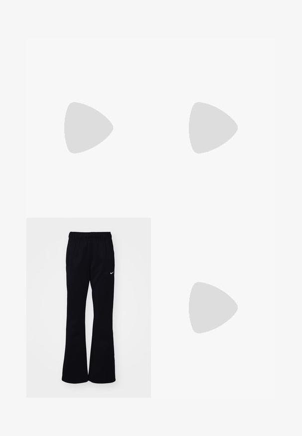 Camiseta negra de manga larga hecha de algodón con cuello redondo. Presenta un logo blanco de Nike en el pecho. Textura suave, diseño sencillo.; Pantalones de chándal negros con una cinturilla elástica, perneras acampanadas, dos bolsillos laterales y un logo de Nike en blanco en el lado izquierdo.; Zapatilla de running Nike negra y plateada con parte superior de malla, suela con cojín de aire y cordones, vista lateral sobre un fondo blanco.; Bolso de hombro beige en forma de media luna con una textura suave y acolchada. Cuenta con una correa ajustable y un cierre de cremallera en el borde superior.
