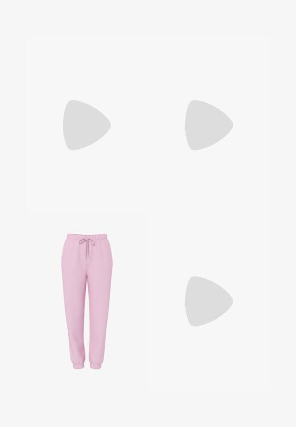 Lys mintgrøn tanktop lavet af ribbet stof. Har en rund halsudskæring og ærmeløst design. Enkel, uden pynt.; Lyserøde joggers med elastisk linning, snørebånd, sidelommer og elastiske manchetter, vist på hvid baggrund.; Hvid lavt snørestøvle med tyk plateau-sål, snørelukning foran og gummiforstærket tåkap, set i sideprofil.; Rosa, polstret håndtaske med afrundet design, lavet af skinnende materiale. Har et samlet håndtag og en lynlås til sikker adgang.
