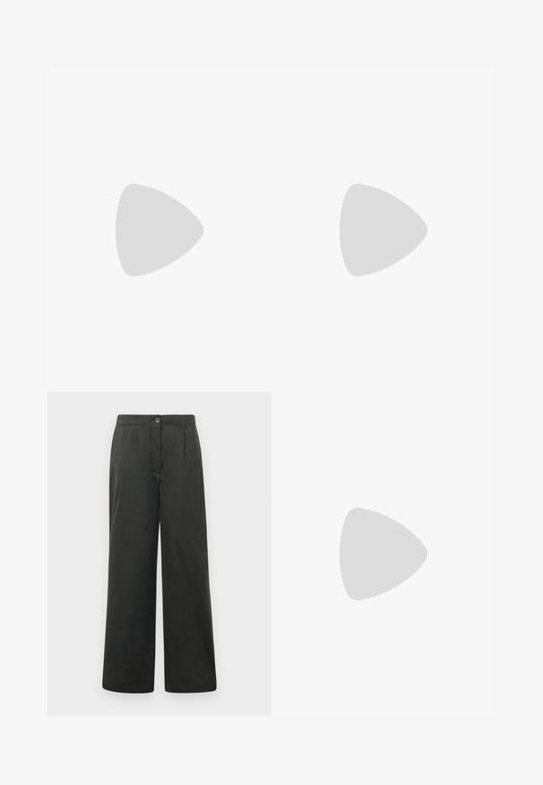 Débardeur noir à côtes avec un décolleté carré et une silhouette ajustée. Texture lisse avec un minimum de détails et une étiquette à l'arrière.; Pantalons larges noirs avec une texture lisse, dotés de plis avant, d'une fermeture à bouton et d'une taille élastique pour plus de confort.; Mule à talon haut marron foncé brillant à bout pointu avec une fine bride sur le coup de pied sur fond blanc uni.; Pochette bracelet en cuir marron avec logos noirs MCM, motifs en losange et un emblème doré sur un panneau avant bicolore.