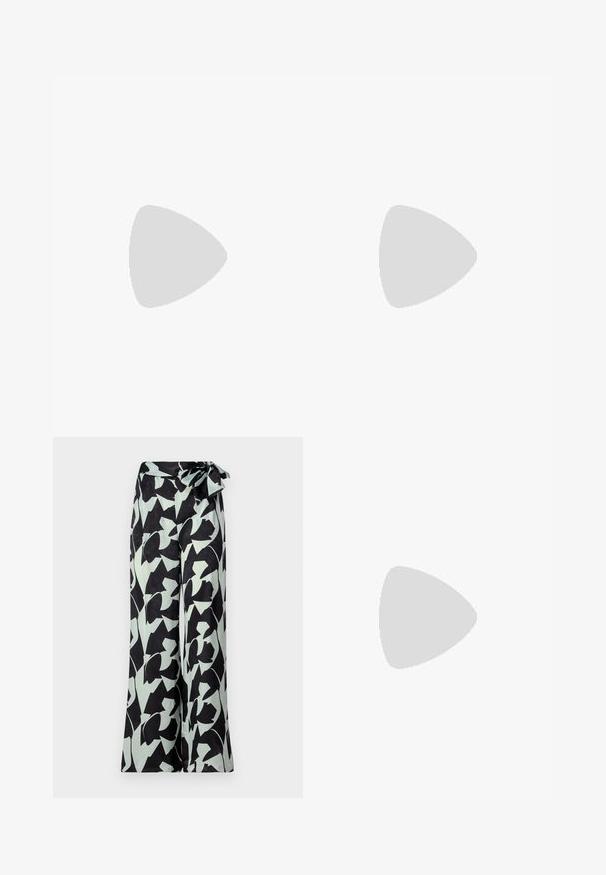 Débardeur blanc sans manches en tissu côtelé, avec un col rond, une texture lisse et une petite étiquette de marque sur la couture latérale inférieure.; Pantalons à jambes larges noirs avec des motifs floraux abstraits vert menthe. Dotés d'une taille haute avec une ceinture nouée pour un ajustement réglable.; Escarpins slingback en cuir verni noir avec un embout pointu, un design à découpes arrondies et un talon carré. Présente un accent de boucle en ton doré.; Sac à main structuré noir en cuir avec une poignée supérieure, une bandoulière détachable et un détail à rabat à l'avant. Accents en matériel doré.