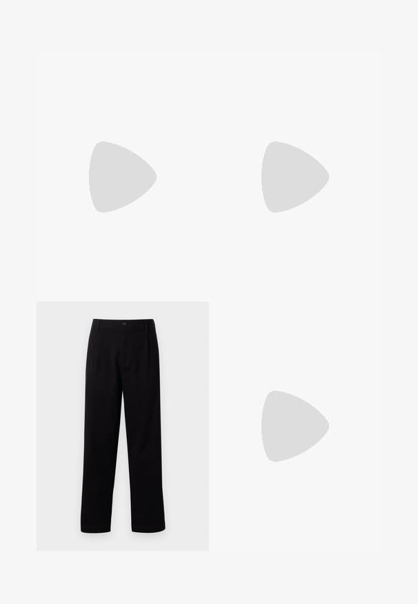 Bruine T-shirt met korte mouwen en een ronde hals, een losse pasvorm, zonder zichtbare logo's of patronen op een witte achtergrond.; Zwarte stoffen broek met een rechte snit, voorplooi en een enkele knoopsluiting. Vlotte textuur en geen zichtbare patronen.; Zwarte leren instapschoen met een strak ontwerp, ronde neus en een dikke, gestructureerde rubberen zool. Heeft een decoratieve band over de voorkant.; Zwarte rechthoekige leren crossbodytas met voorvak met rits en verstelbare schouderriem tegen een effen achtergrond.