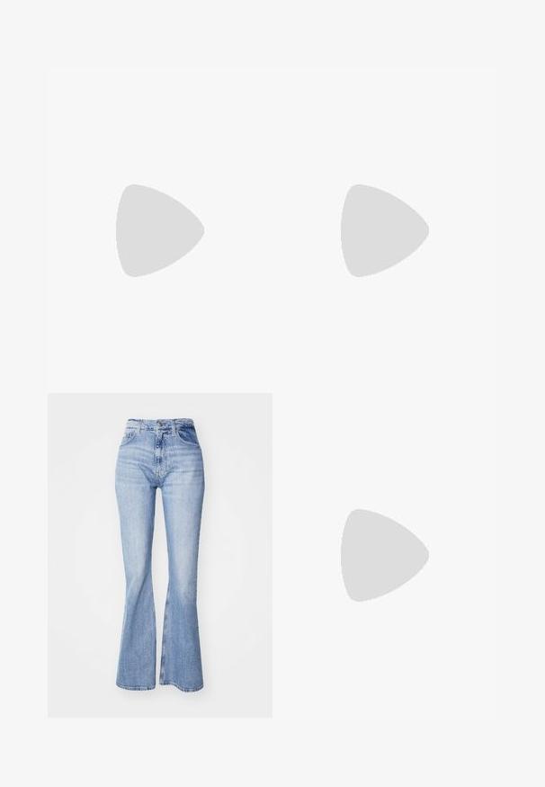 T-shirt blanc avec des manches courtes et bouffantes en dentelle. Encolure ronde, texture douce et coupe légèrement ample. Étiquette de marque visible à l'intérieur.; Jean flare bleu clair en denim, avec taille haute, design à cinq poches et légères décolorations le long des jambes.; Chaussure plate slingback en cuir couleur crème avec un bout arrondi et un petit emblème doré sur la bride.; Sac à bandoulière en cuir couleur crème de Calvin Klein avec bord supérieur incurvé, fermeture éclair argentée et sangle ajustable brun foncé.