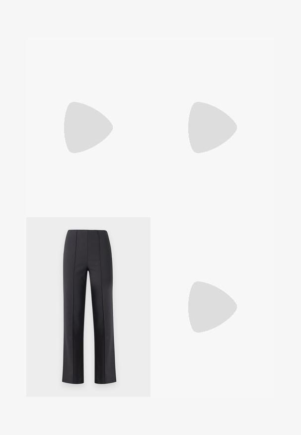 Top de camiseta sin mangas negro con textura acanalada y tirantes delgados, similares a cadenas. La tela tiene un acabado ligeramente texturizado, ofreciendo una silueta ajustada.; Pantalones negros de corte recto, confeccionados a medida, con costuras frontales y cinturilla elástica, mostrados sobre un fondo claro y liso.; Tacón stiletto de charol negro con punta puntiaguda, tiras finas en el tobillo y cierre pequeño de hebilla.; Mujer con blusa de estampado en blanco y negro sosteniendo un bolso de hombro rojo brillante sobre un fondo liso.