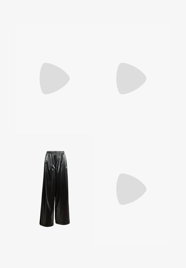 Camiseta deportiva de manga larga en azul claro con acentos rojos y tres franjas. Presenta un gráfico de texto en rojo atrevido y un patrón de pata de gallo.; Pantalones negros de pierna ancha con cintura elástica, hechos de material brillante; cuentan con el logotipo de Adidas en plateado en la parte inferior izquierda.; Zapatilla de running de malla y sintético de color gris claro con suela acolchada y rayas laterales metálicas en plata, vista desde el lado exterior.; Bolso de piel blanca con asas dobles, herrajes plateados, un bolsillo con cremallera en la parte delantera y una textura suave. Los accents incluyen correas largas y delgadas.