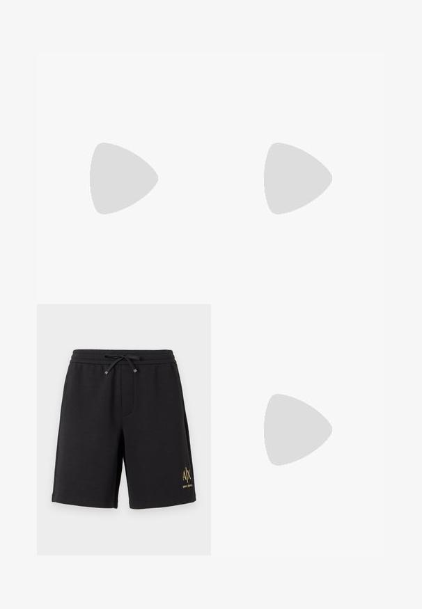 Must mustaga T-särk lühikeste varrukatega. Esiküljel on kuldne EA7 Emporio Armani logo. Klassikaline ümar kaelus. Sile tekstuur.; Mustad põlveni püksid, mille taljes on nöör ja alumisel vasakul jalal väike kollane "A|X Armani Exchange" logo.; Must have nahkased jalatsid sujuva viimistlusega, kontrastse kreemja talla, ümarate varvastega, kuldse logoga külgedel ja kuue silmaga nööride jaoks.; Musta nailonist õlakott kontrastse rihmaga, stiilne ristkülikukujuline kuju, logo detail ja esipoolse lukuga tasku.