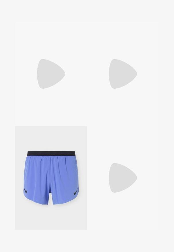 Lila Kurzarm-T-Shirt aus einem glatten Stoff, mit einem schwarzen Nike-Logo auf der linken Brustseite. Klassischer Rundhalsausschnitt.; Hellblaue Sportshorts mit schwarzem Bund und schwarzen Nike Swoosh-Logos auf beiden Seiten, präsentiert vor einem schlichten Hintergrund.; Neon-grüner und blauer Laufschuh mit schwarzem Swoosh, in der Luft schwebend über einem Zebrastreifen auf einer Asphaltstraße.; Schwarzes Leder-Harness mit verstellbaren Riemen, ausgestattet mit silbernen Metallringen und Nieten. Das Design umfasst einen zentralen Ring und einen Schnallenverschluss.