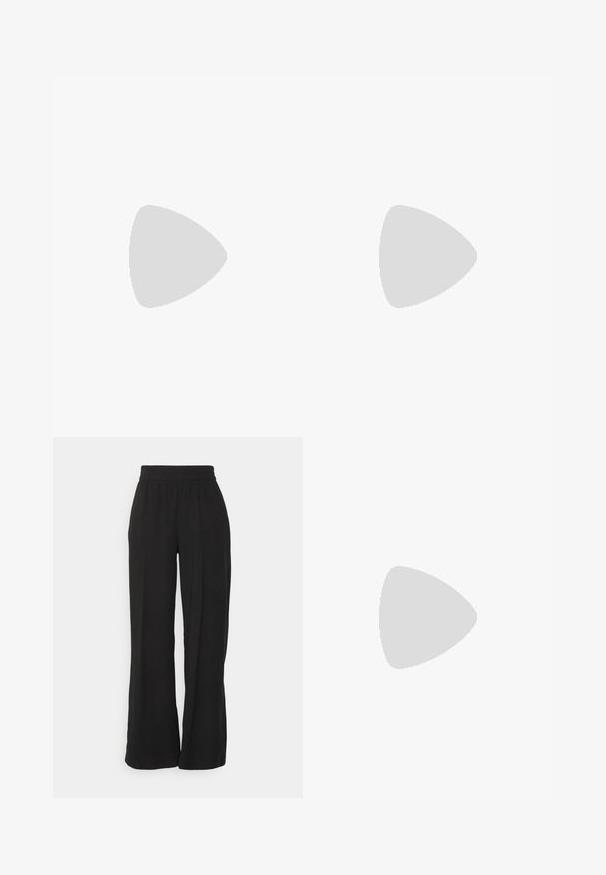 Top de tirantes negro de ganchillo con escote en V, tirantes delgados y un patrón texturizado con filas uniformes. Ideal para capas o para un uso casual.; Vero Moda Tall VMCARMEN WIDE PULL ON PANT TALL - Pantalones - black; Chancla negra de goma con suela texturizada y correa en forma de Y, mostrada en vista lateral sobre un fondo liso y claro.; Gafas de sol negras en forma de ojo de gato con lentes gris oscuro, marco de plástico elegante, esquinas puntiagudas y patillas rectas. Sin herrajes ni acentos visibles.