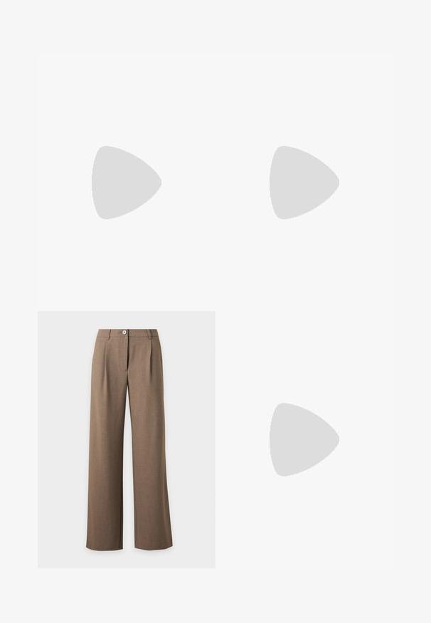 Musthave musta pikakäistee särk ribakanga materjalist. Omab lainelist pitsist kaelust. Lihtne, keha rõhutav siluett sirge lõhega.; Pruunid kõrge vöökohaga laia säärega püksid, millel on nööp ja luku kinnis ning esipoolsed voldid ühevärvilisel heledal taustal.; Must musta sanga kaelaga stilettod, terav nina, külgse pandla rihm, nurgas nublud ja dekoratiivne nöörimine ees.; Mustast nahast ümmarguse kujuga käekott, kaunistatud hõbedaste naeladega, lühikese sangaga. Sile tekstuur ja tõmblukuga sulgemine.