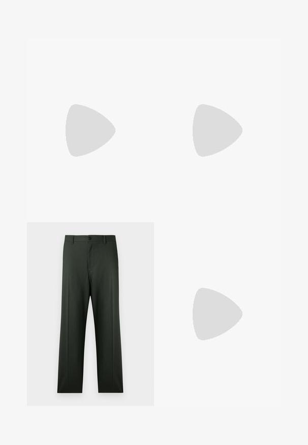 Tee-Polohemd in Türkis mit weißem Kragen und Akzenten an den Ärmeln. Verfügt über ein V-Ausschnitt-Design und ein kleines dekoratives Emblem auf der linken Brust.; Dunkelgrüne Hose mit geradem Bein, Gürtelschlaufen, Knopfverschluss sowie Front- und Gesäßtaschen und glatter Textur.; Schwarze Lederloafer mit glanzendem Finish, abgerundetem Zehenbereich, subtilen Steppnähten und einer dicken Gummisohle für Langlebigkeit.; Dunkelbraune Leder-Umhängetasche mit Klappenverschluss und verstellbarem Stoffriemen auf weißem Hintergrund.
